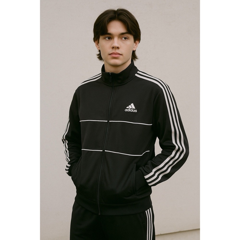 Adidas Track Jacket Mens‎ M Black Primegreen 3 Stripes Zip Up Athletic Training